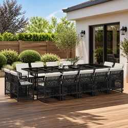 Durable 15-Piece Black Garden Dining Set with Cushions