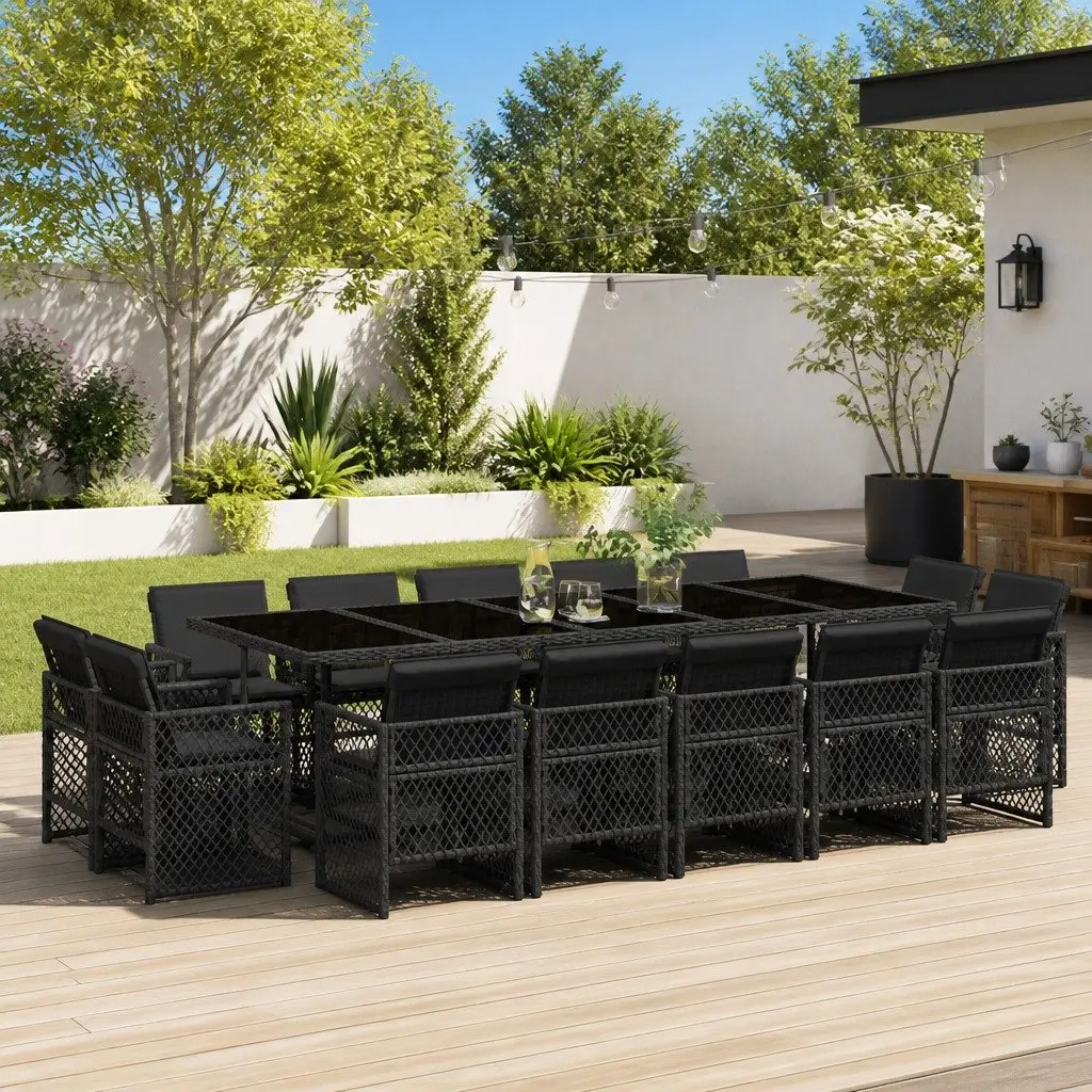 Outdoor Dining Set PE Rattan 15 Piece Black Cushions Table Patio