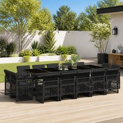 Stylish Black 15-Piece Poly Rattan Outdoor Dining Set with Cushions