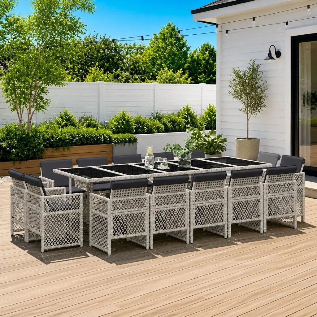 15-Piece Grey Poly Rattan Garden Dining Set