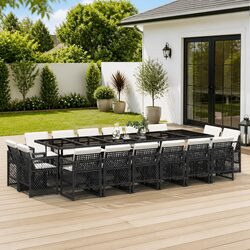 Durable 17 Piece Garden Dining Set Black Poly Rattan