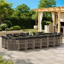 17-Piece Grey Poly Rattan Garden Dining Set with Cushions