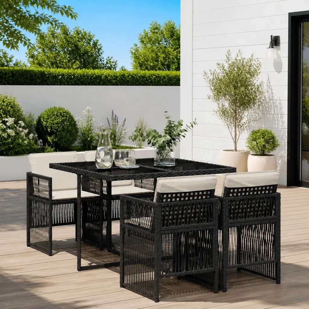 Garden Dining Set PE Rattan 5 Piece Outdoor Patio Table Chairs Cushions Black