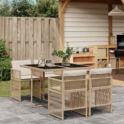 5-Piece Beige Rattan Dining Set with Glass Table