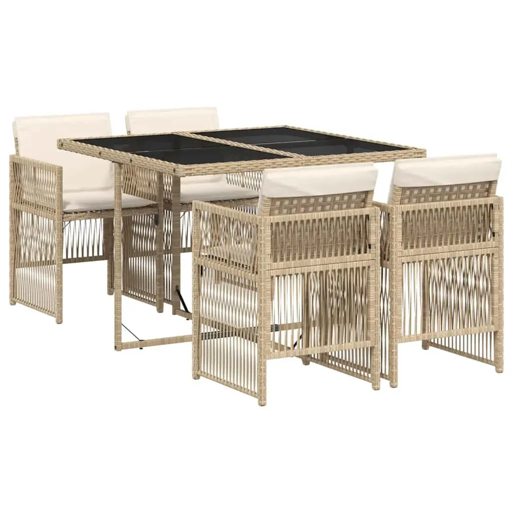 5 Piece Outdoor Dining Set PE Rattan Beige Cushioned Chairs Tempered Glass Table