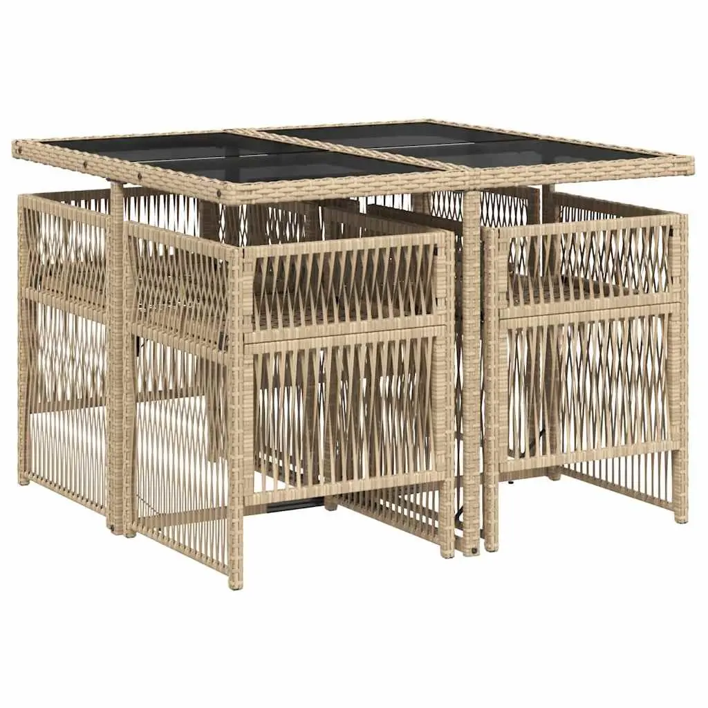 5 Piece Outdoor Dining Set PE Rattan Beige Cushioned Chairs Tempered Glass Table