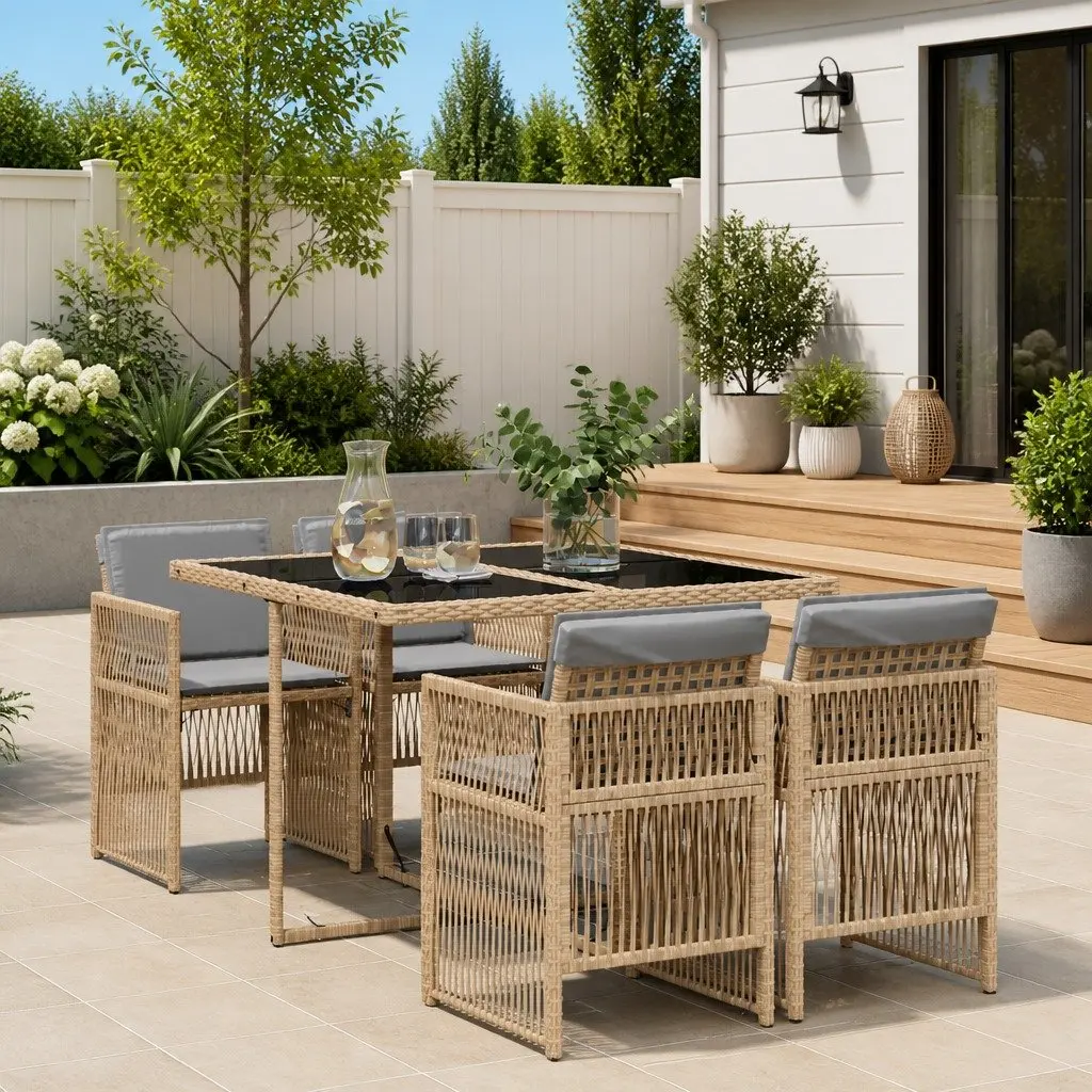 5 Piece Beige Outdoor Dining Set with Cushions