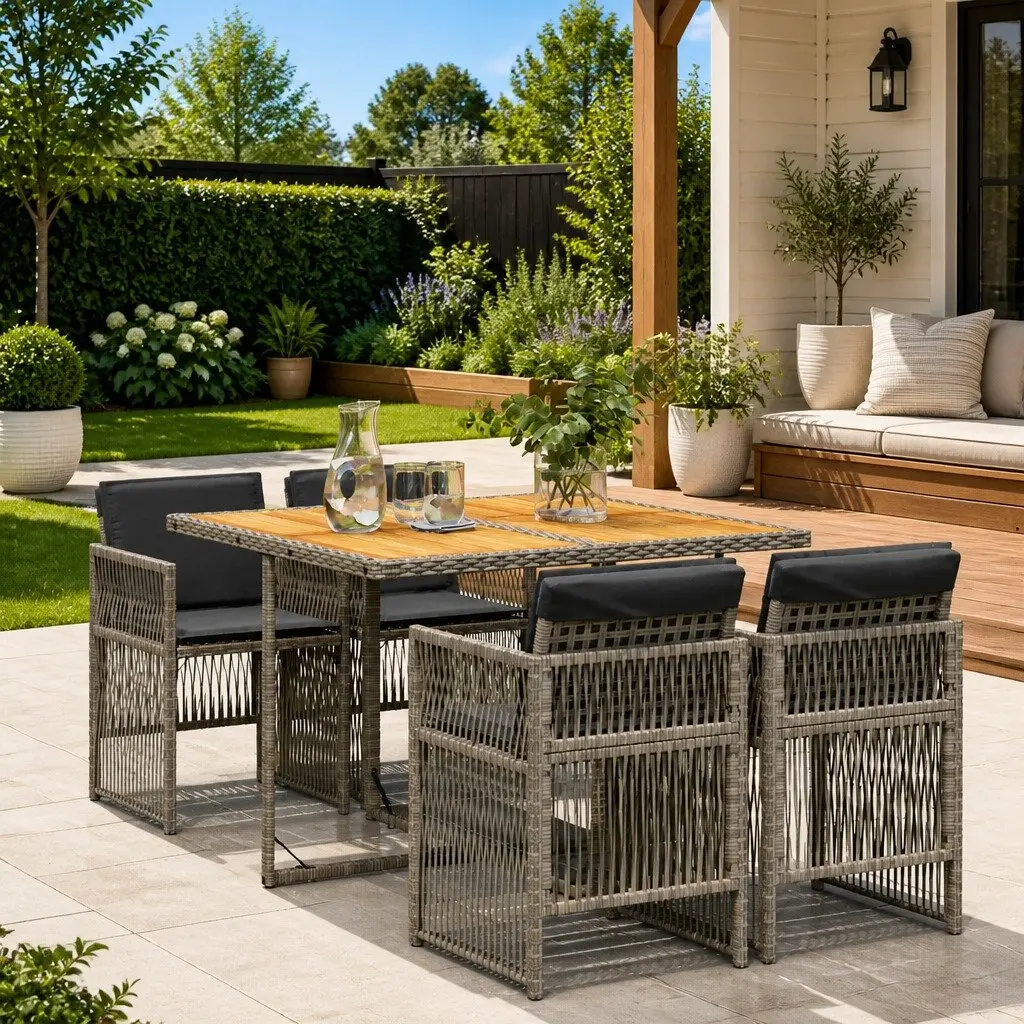 Garden Dining Set PE Rattan 5 Piece Outdoor Table Chairs Grey with Cushions