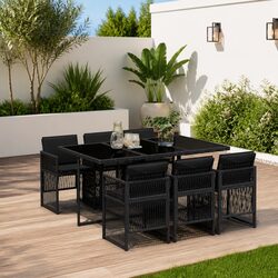 7 Piece Black Poly Rattan Outdoor Dining Set with Glass Top