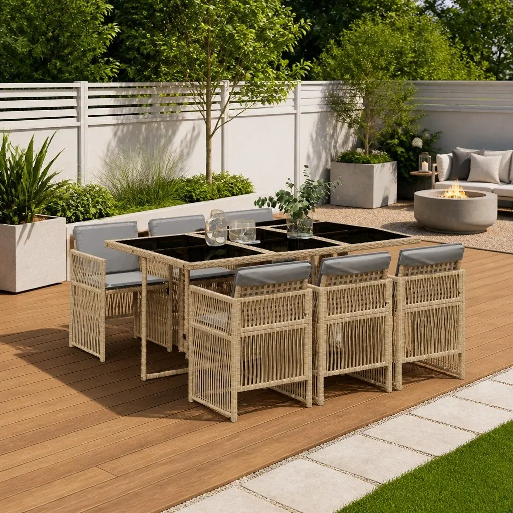 7 Piece Outdoor Dining Set PE Rattan Beige Patio Furniture Table Chairs