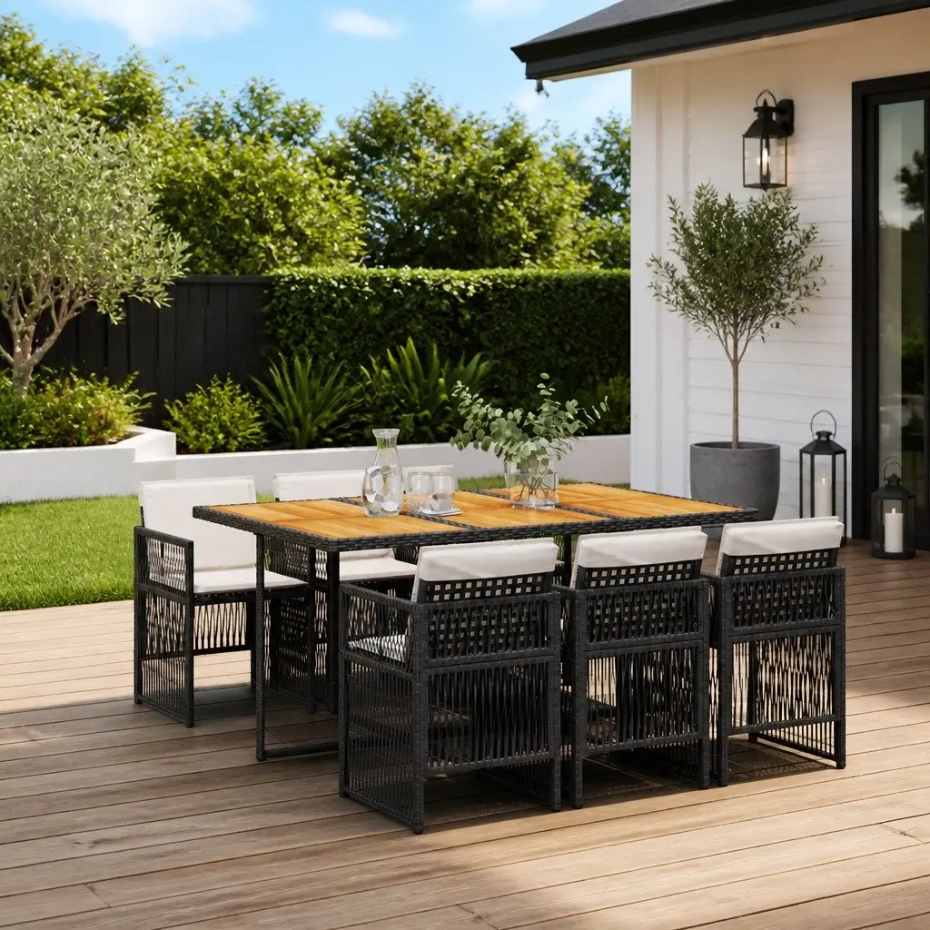 7 Piece Outdoor Dining Set PE Rattan Acacia Wood Table Black