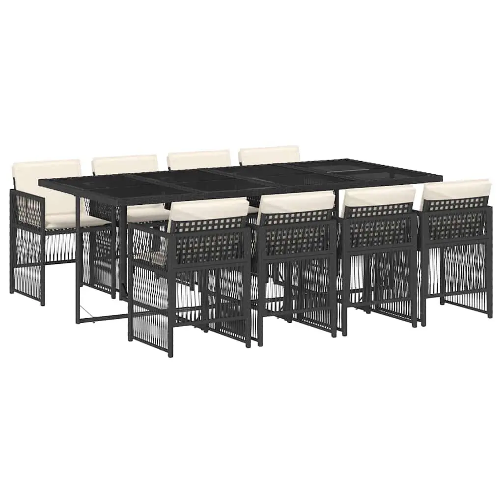 9 Piece Garden Dining Set Poly Rattan Frame Tempered Glass Table Black