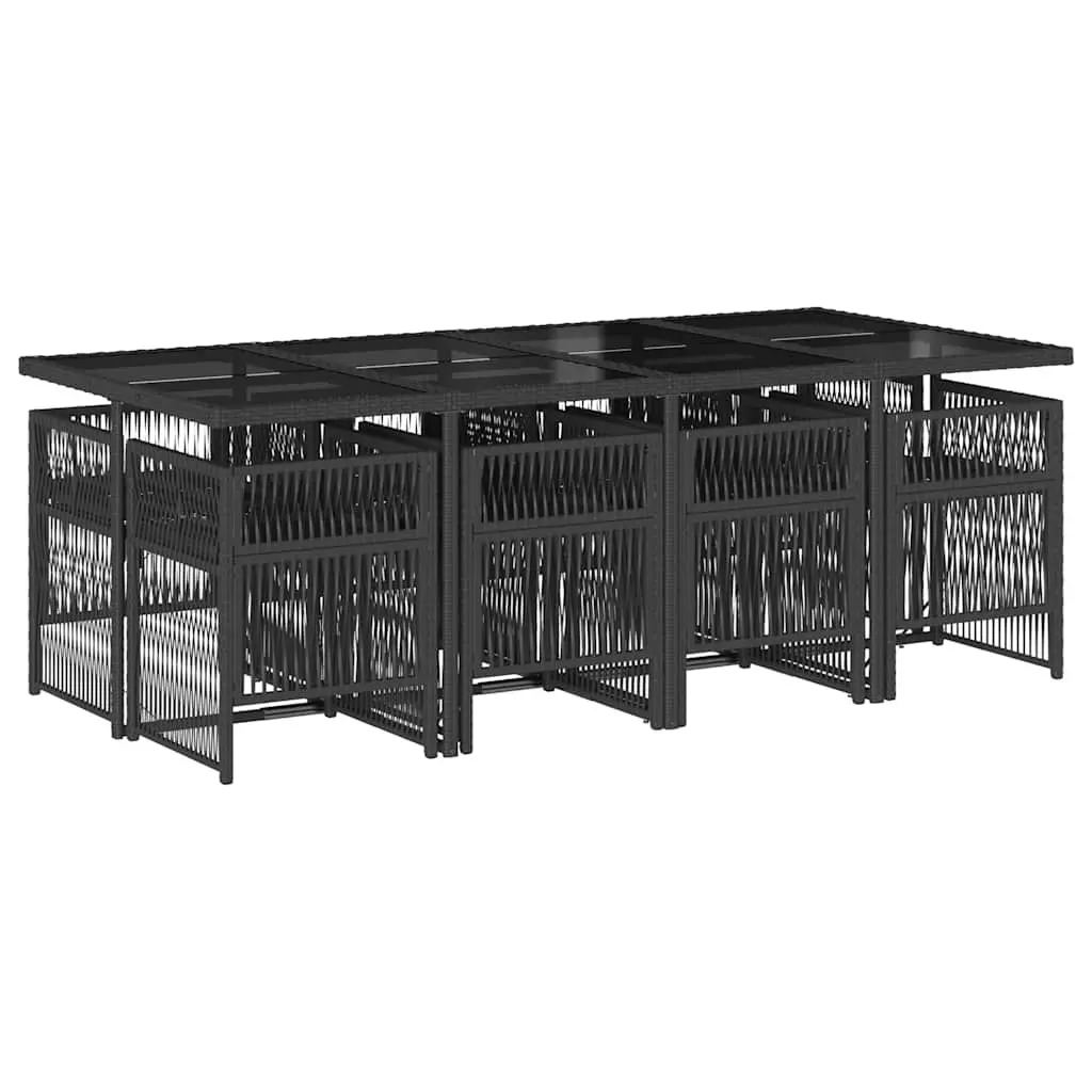 9 Piece Garden Dining Set Poly Rattan Frame Tempered Glass Table Black