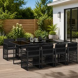9-Piece Black Poly Rattan Outdoor Dining Set