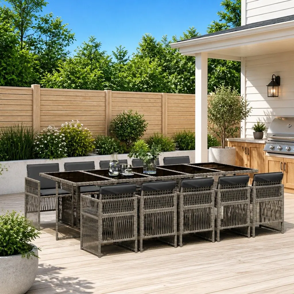 Garden Dining Set PE Rattan 11 Piece Outdoor Furniture Patio Beige Cushions