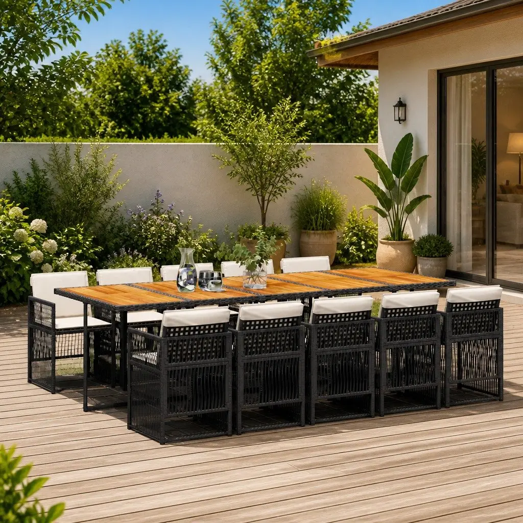 11 Piece Black Poly Rattan Dining Set