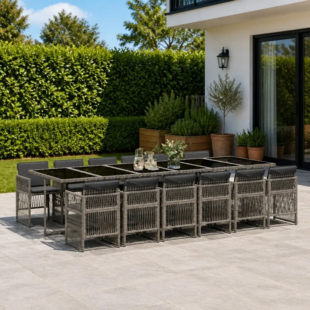 13 Piece Grey Garden Dining Set with Glass Table