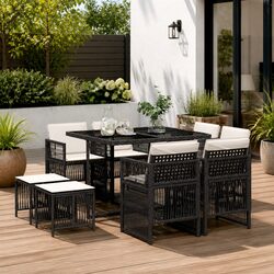 9 Piece Black Poly Rattan Garden Dining Set for Outdoors