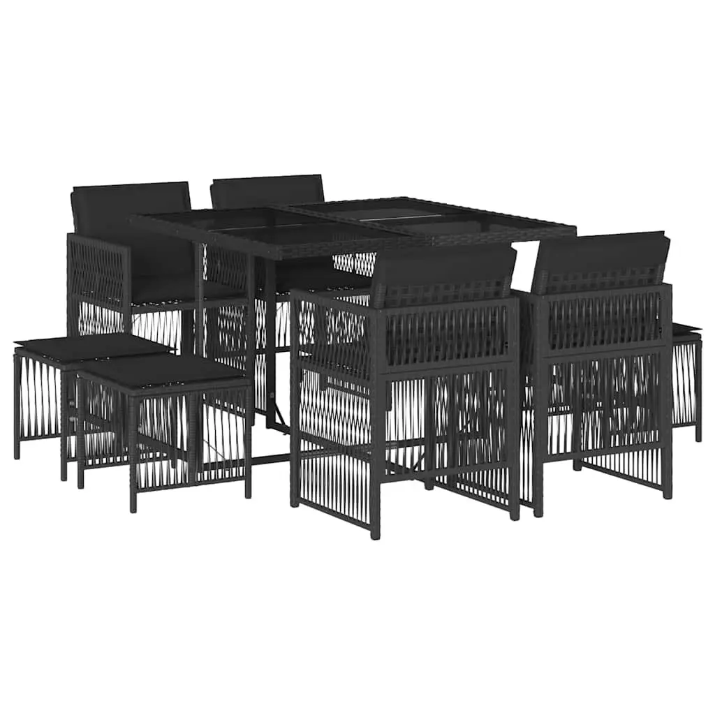 9-Piece Black Poly Rattan Garden Dining Set