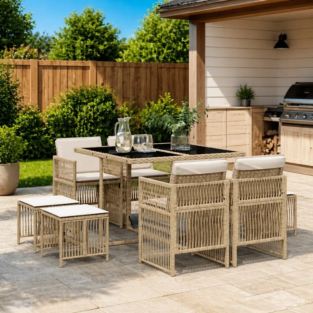 9 Piece Beige Poly Rattan Garden Dining Set with Cushions