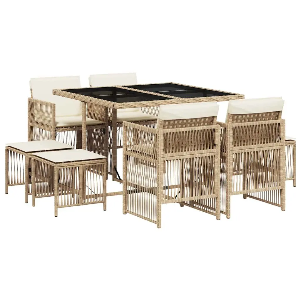 9 Piece Beige Poly Rattan Garden Dining Set with Cushions