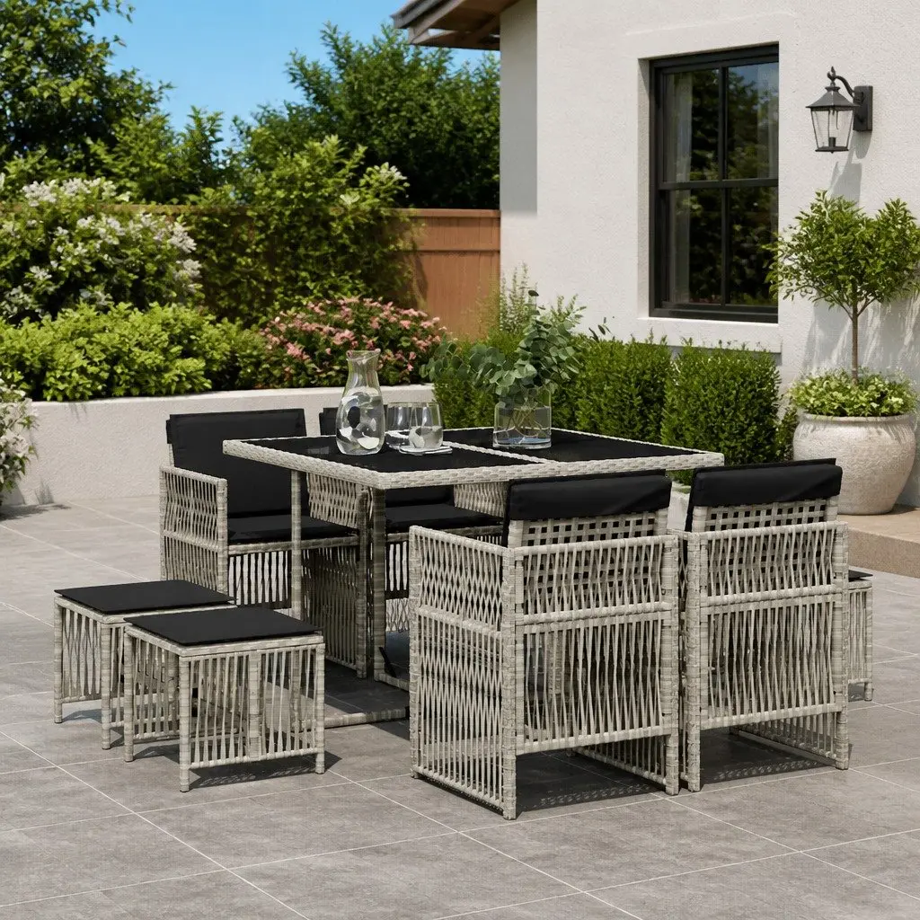 9-Piece Grey Poly Rattan Outdoor Dining Set with Cushions