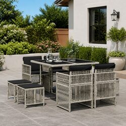 9-Piece Grey Poly Rattan Outdoor Dining Set with Cushions