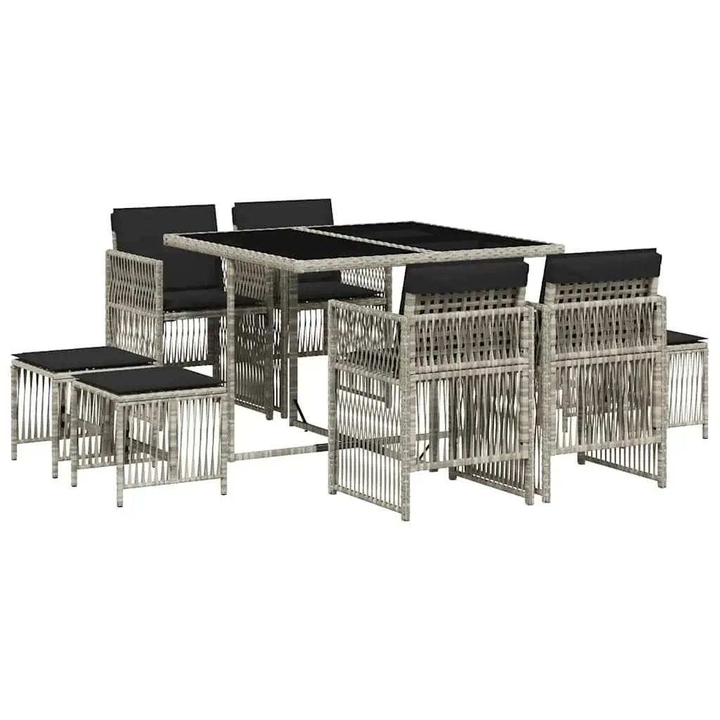 9-Piece Grey Poly Rattan Outdoor Dining Set with Cushions
