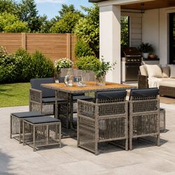 Durable 9 Piece Garden Dining Set with Grey PE Rattan