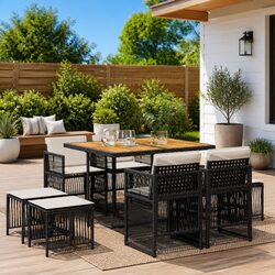 Durable 9 Piece Outdoor Dining Set with Cushions - Black