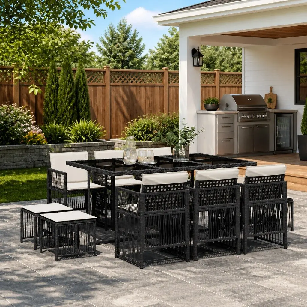 11-Piece Outdoor Dining Set with Black Poly Rattan