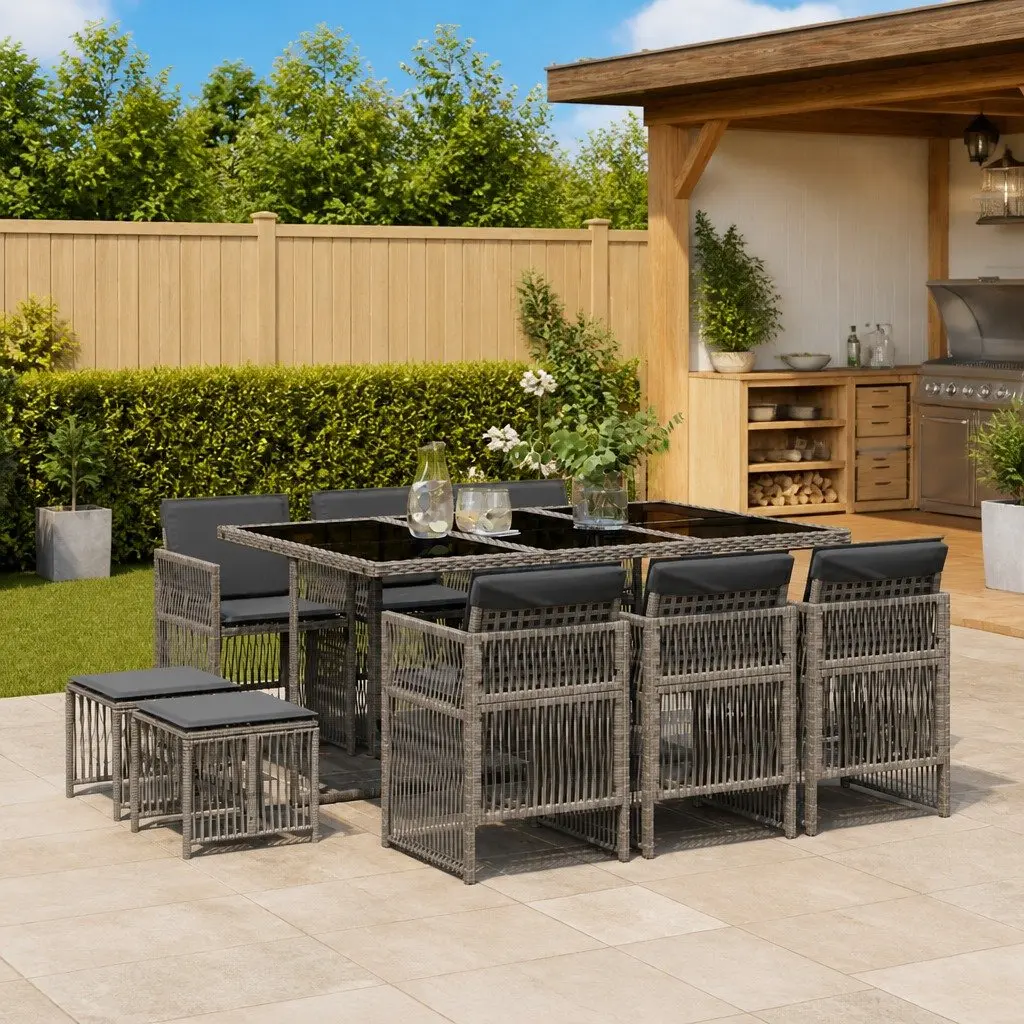 11-Piece Grey Poly Rattan Garden Dining Set