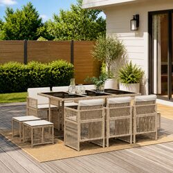 11 Piece Outdoor Garden Dining Set with Cushions Folding Chairs Beige Poly