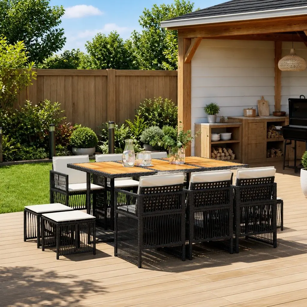 Garden Dining Set 11 Piece PE Rattan Acacia Wood Table Black
