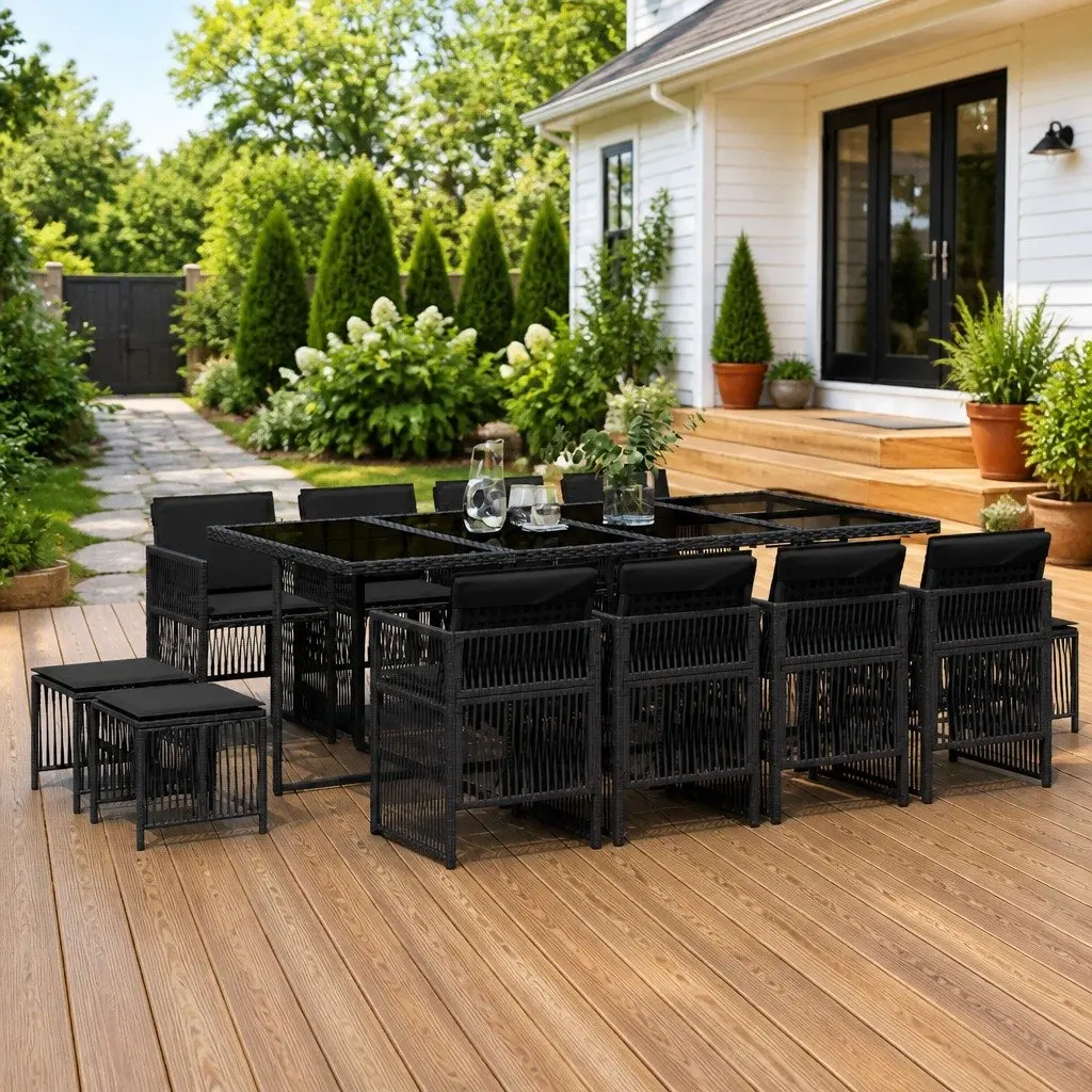 Garden Dining Set PE Rattan 13 Piece Outdoor Furniture Black
