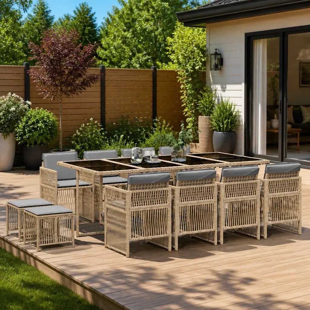 Beige Poly Rattan 13-Piece Garden Dining Set with Table