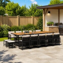 15 Piece Black Poly Rattan Outdoor Dining Set with Cushions