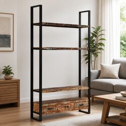 Solid Reclaimed Wood Bookshelf with 3 Shelves & Drawers
