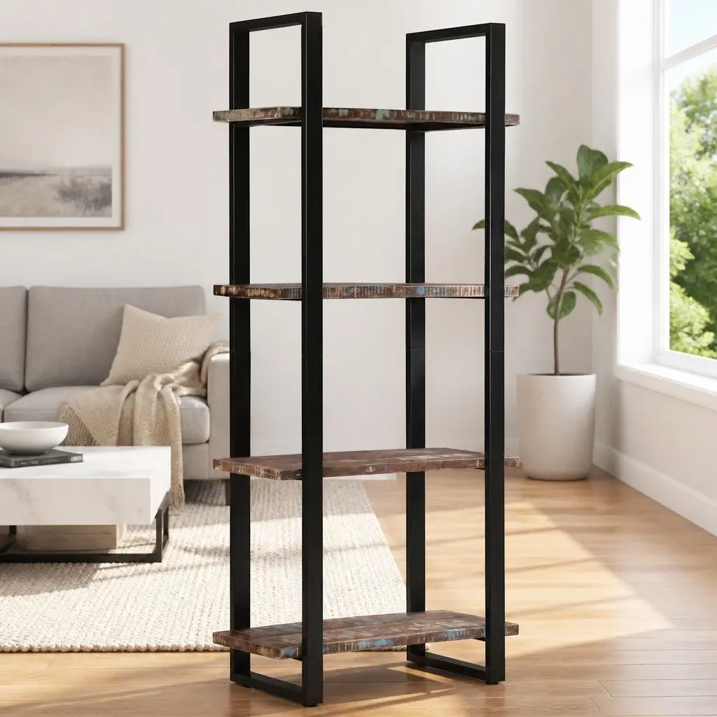 Industrial 4-Tier Bookcase with Solid Reclaimed Wood
