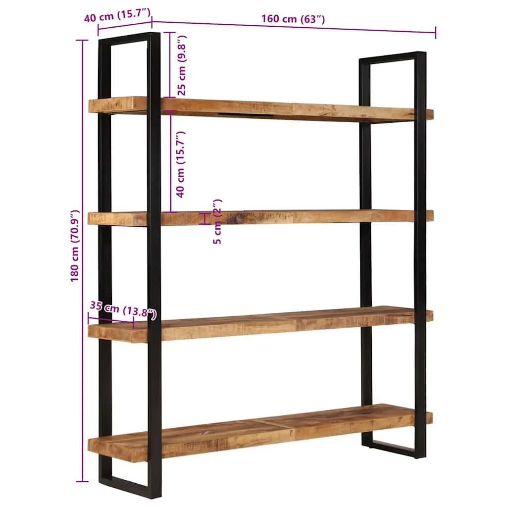 4-Tier Bookcase in Solid Rough Mango Wood & Iron Frame