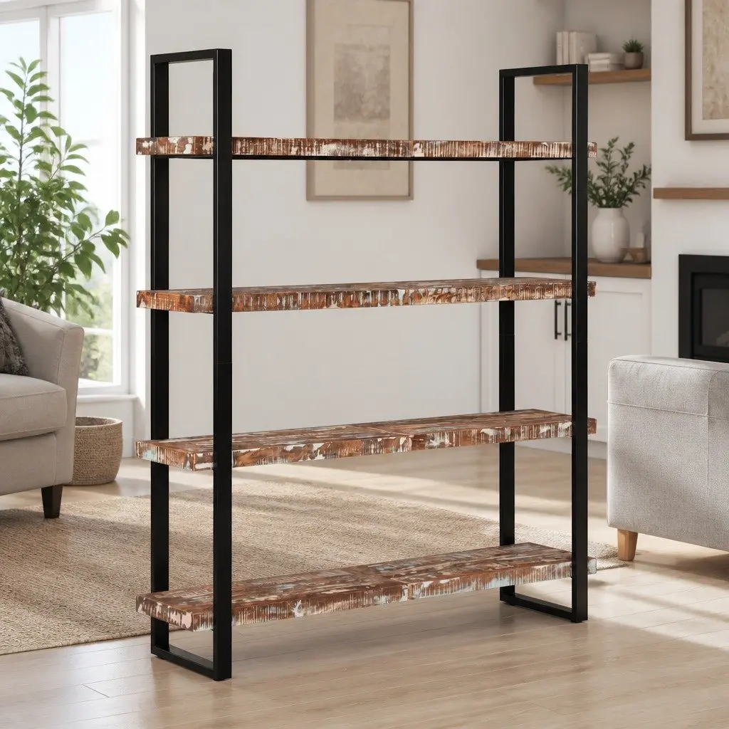 Solid Reclaimed Wood 4-Tier Bookcase with Iron Frame