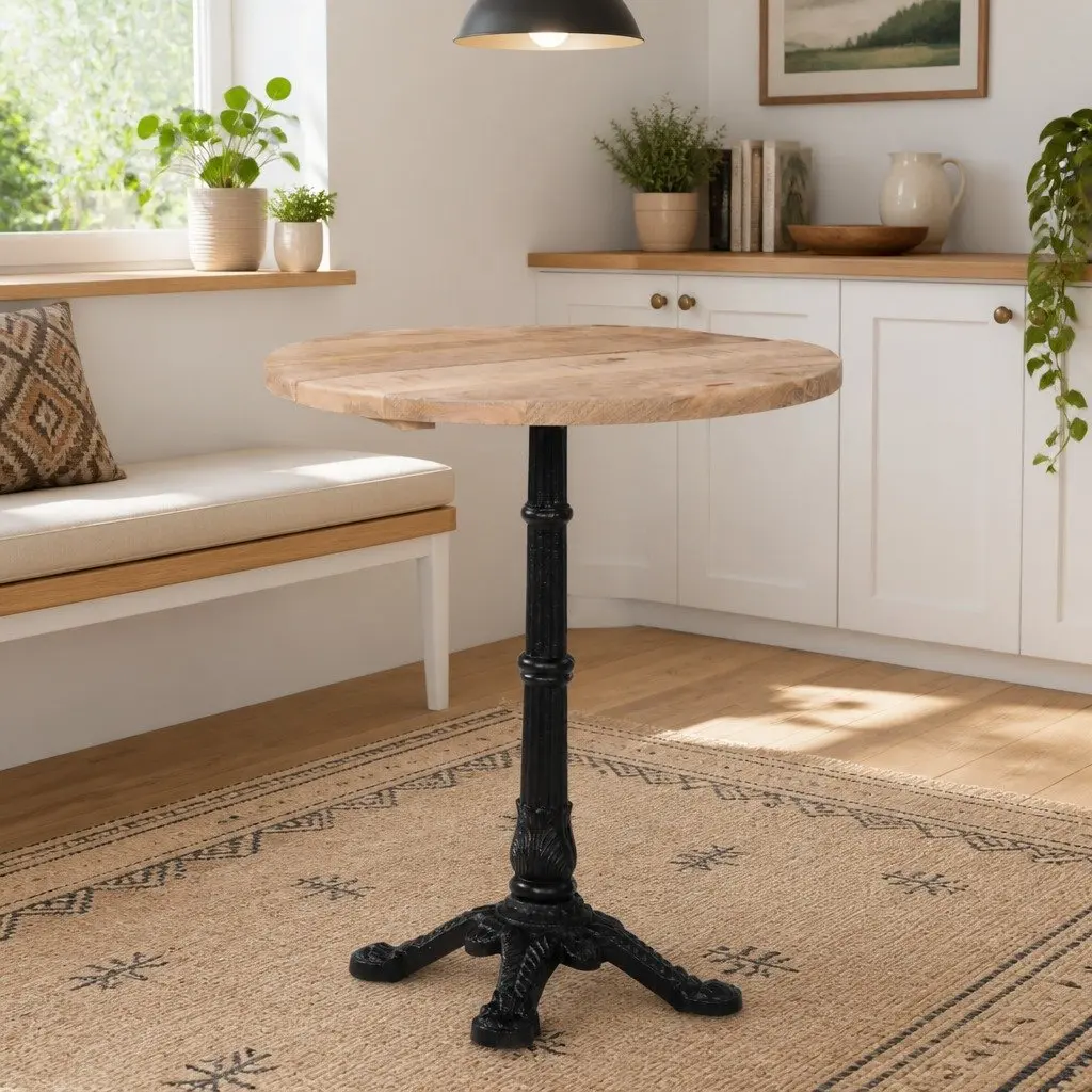 Bistro Table Round Rough Mango Wood Top Cast Iron Base 60cm Brown 76cm
