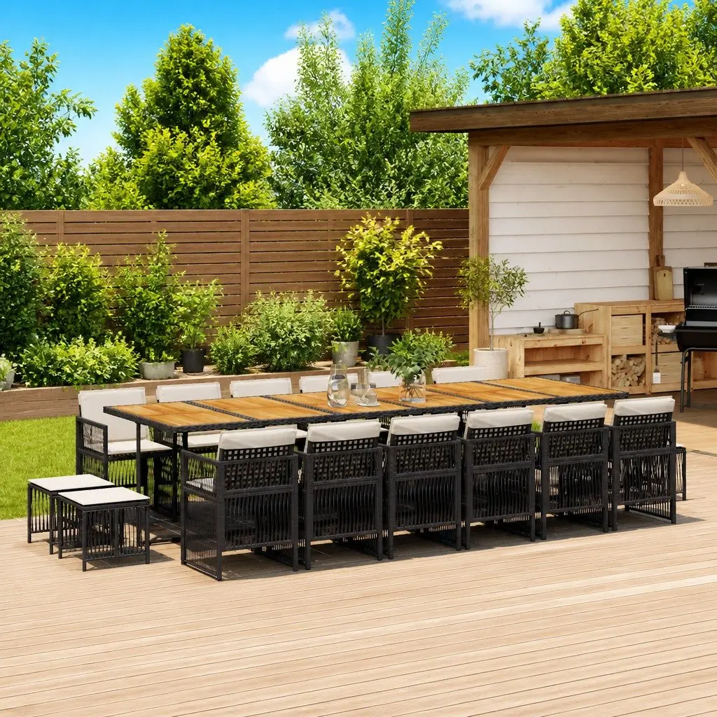 Garden Dining Set 17 Piece Poly Rattan Acacia Wood Black