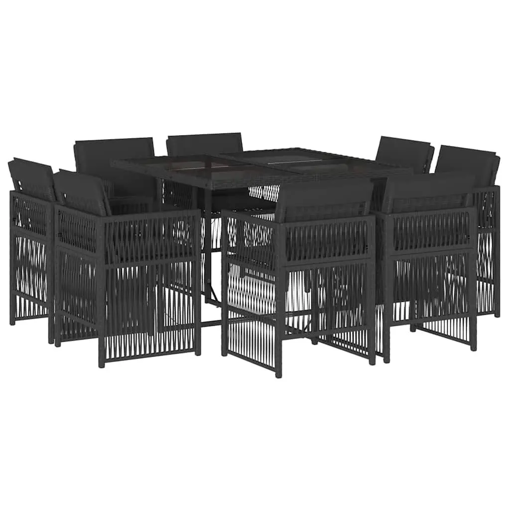 9 Piece Outdoor Dining Set PE Rattan Black Tempered Glass Table with Cushions