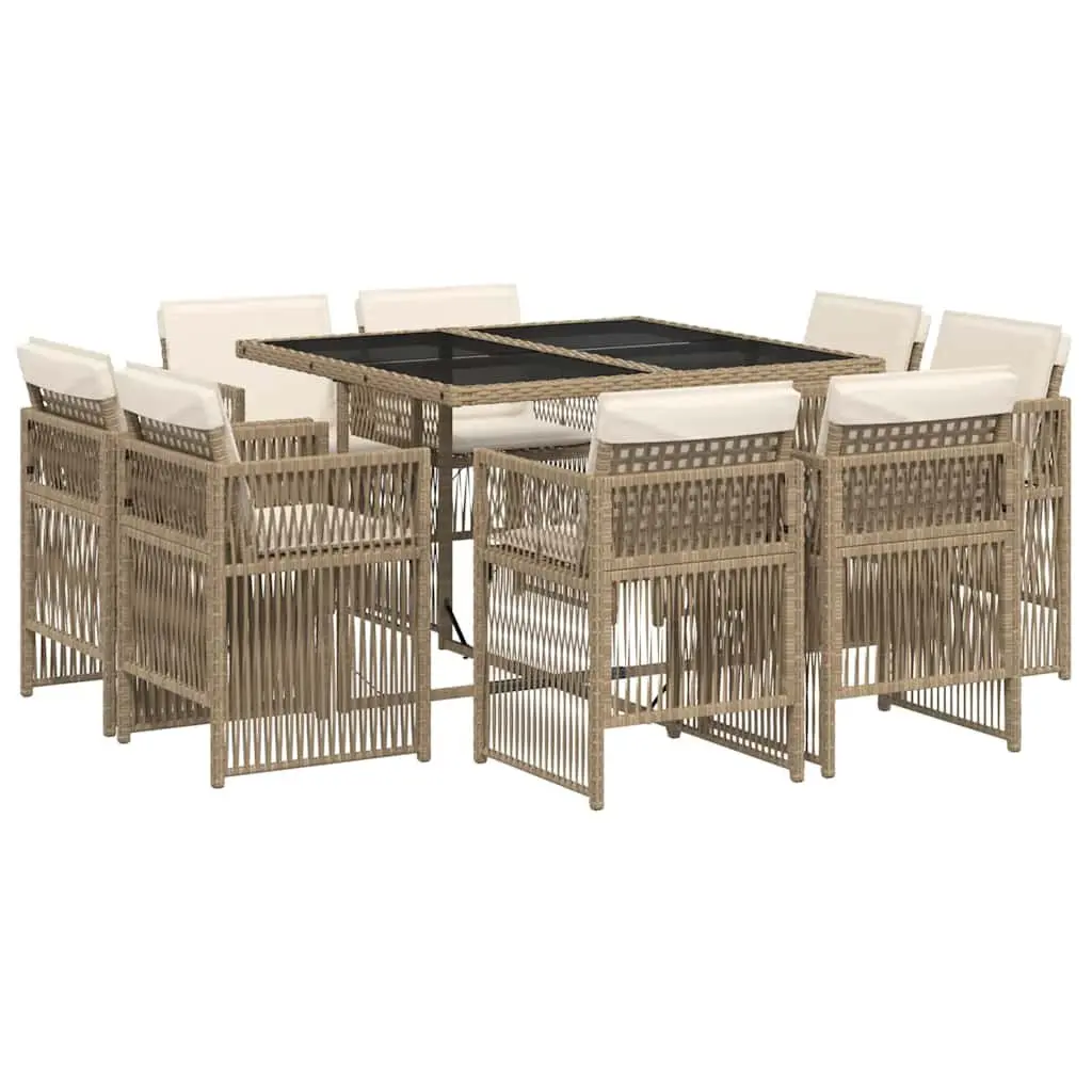 9 Piece Garden Dining Set PE Rattan Beige Cushions Tempered Glass Table