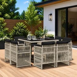 Durable 9 Piece Grey Rattan Garden Dining Set with Cushions