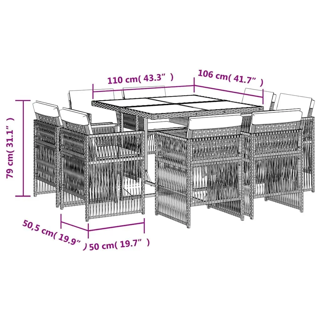 9 Piece Grey Rattan Garden Dining Set with Cushions