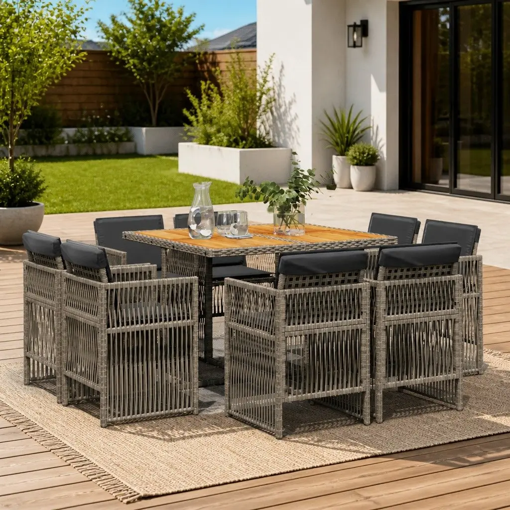 9-Piece Grey Poly Rattan Outdoor Dining Set