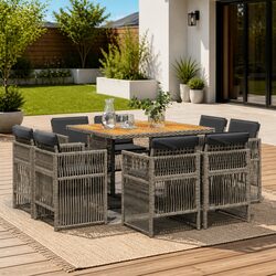 Premium 9-Piece Grey Poly Rattan Outdoor Dining Set