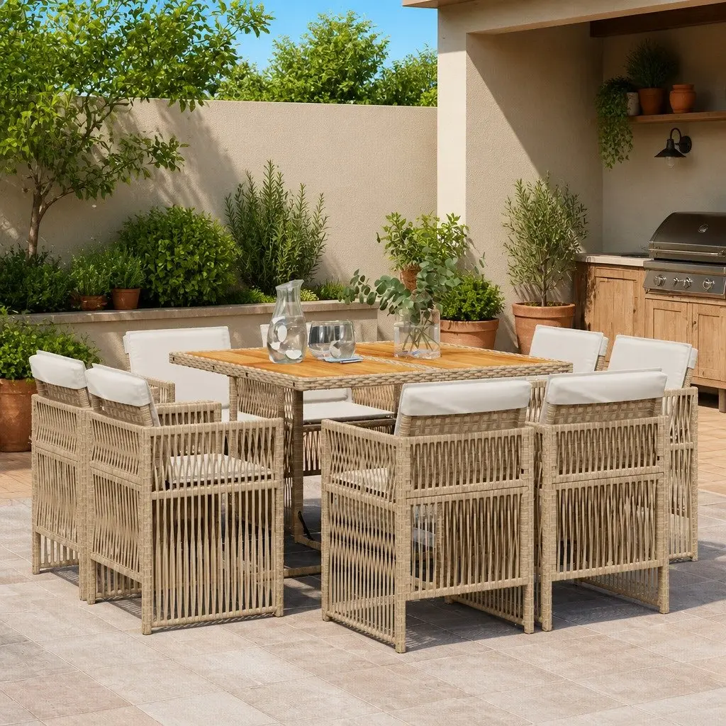 Garden Dining Set 9 Piece PE Rattan Beige Acacia Wood Table with Cushions